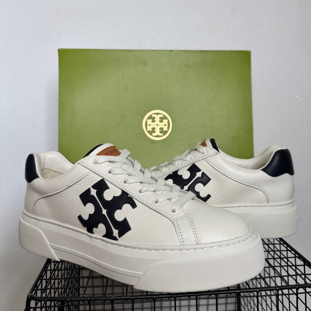 Tory Burch Bari Color Block Platform Sneakers White Navy Leather Size 9